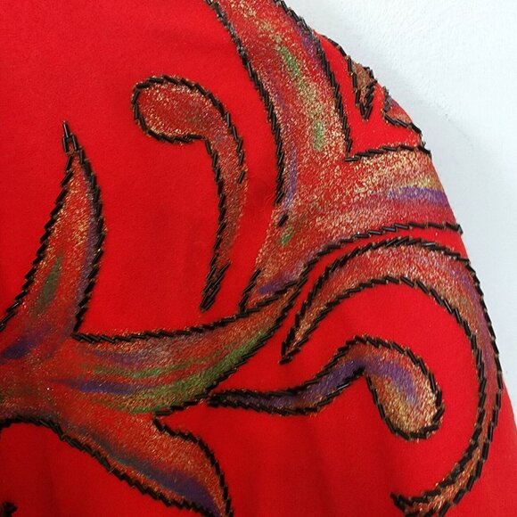 Vintage Handmade Wool Red Beaded Poncho Shawl Long Flowy Geometric Floral - Picture 13 of 13